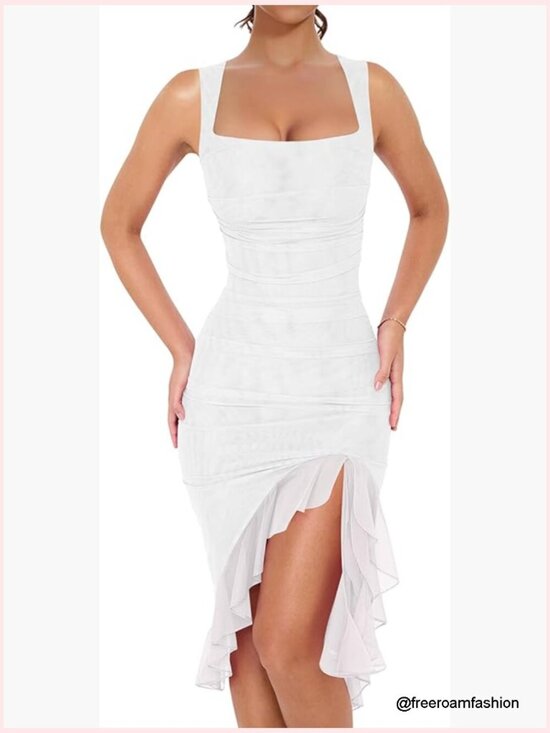 Dresses & Skirts - Sexy Ruched Bodycon Midi Dress Square Neck Sleeveless Ruffle Hem Tank Club Party